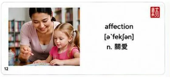 六書內頁範例：affection 關愛，搭配圖片與音標