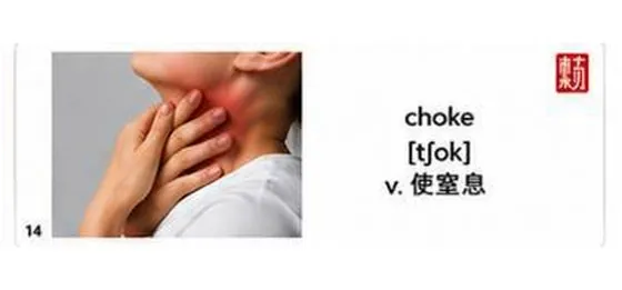 六書內頁範例：choke 使窒息，搭配圖片與音標