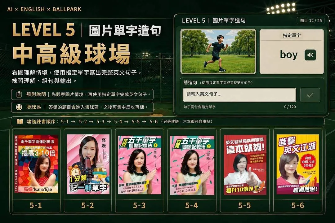 LEVEL 5 中高級球場：看圖用指定單字造句畫面