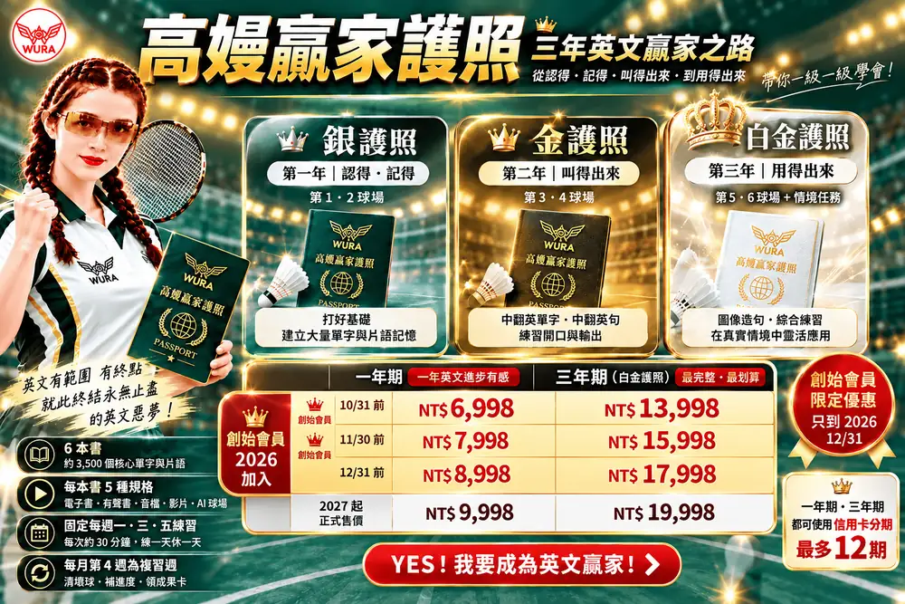 高嫚贏家護照 三年英文贏家之路：銀護照、金護照、白金護照｜一年期 NT$6,998、三年期 NT$13,998（10/31 前創始價），只到 2026/12/31，信用卡分期最多 12 期